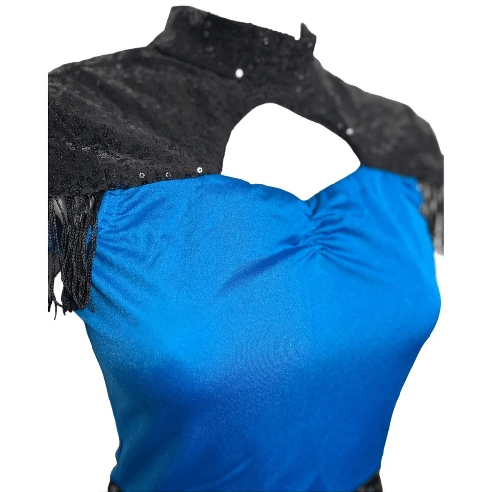 Kelle Majorette Costume Teen Blue Black Sequin Fringe Baton Color Guard Dance